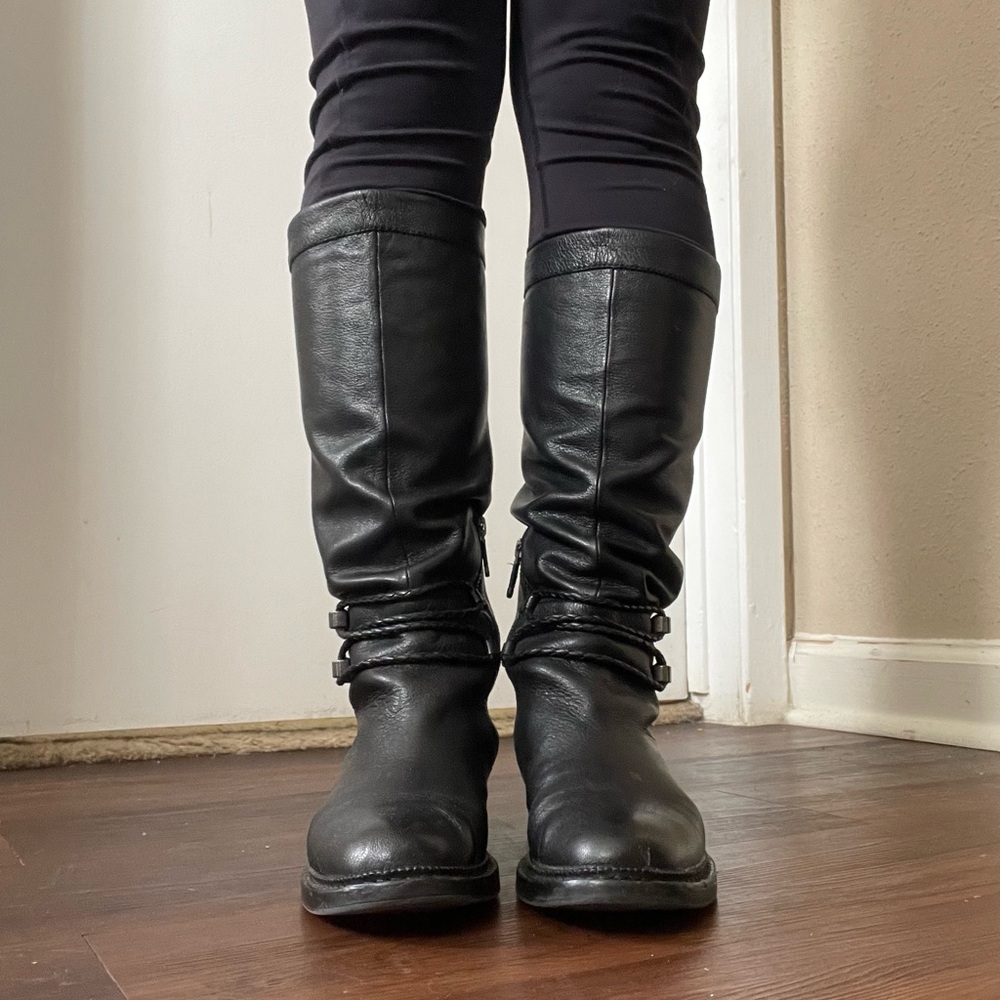 B. Makowsky Black Combat Moto Boots Smooth Leather